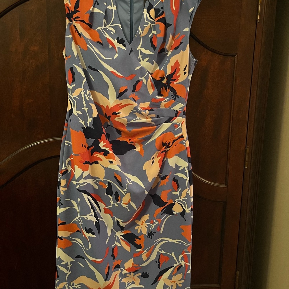 Adrianna Papell Blue and Orange Floral Midi Dress